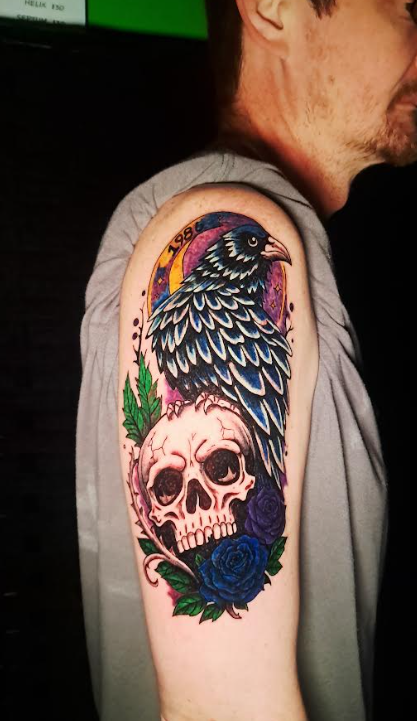 Raven skull and roses tattoo